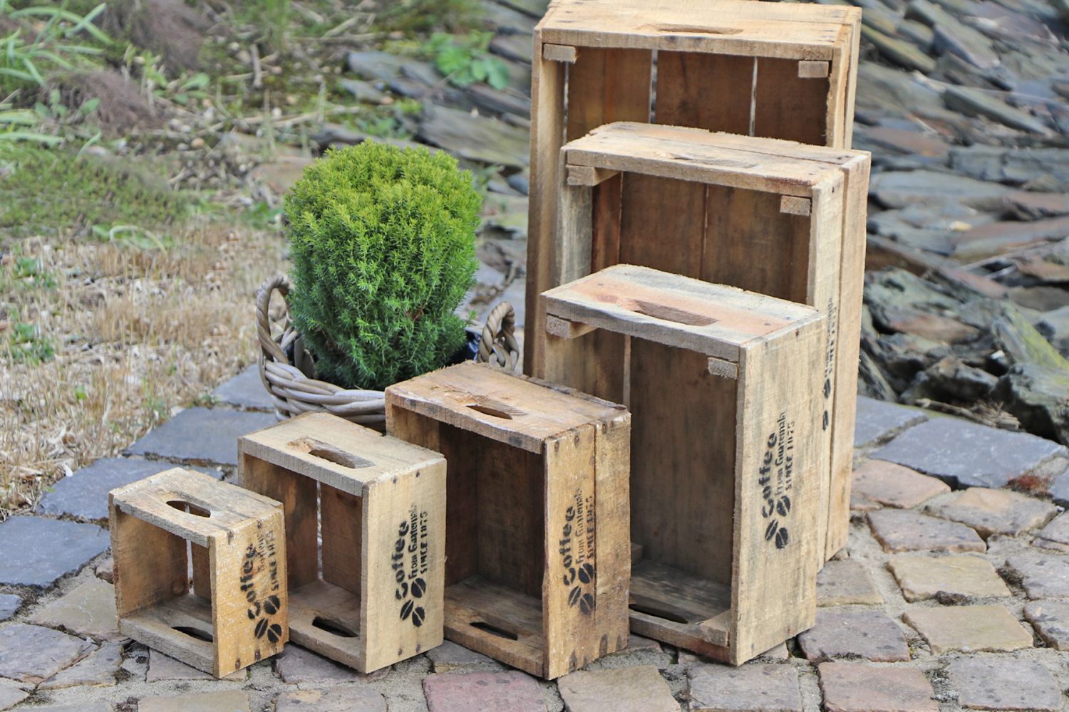 Holzkisten 6er-Set - Deko-Kisten in Grau, Weiß oder Natur